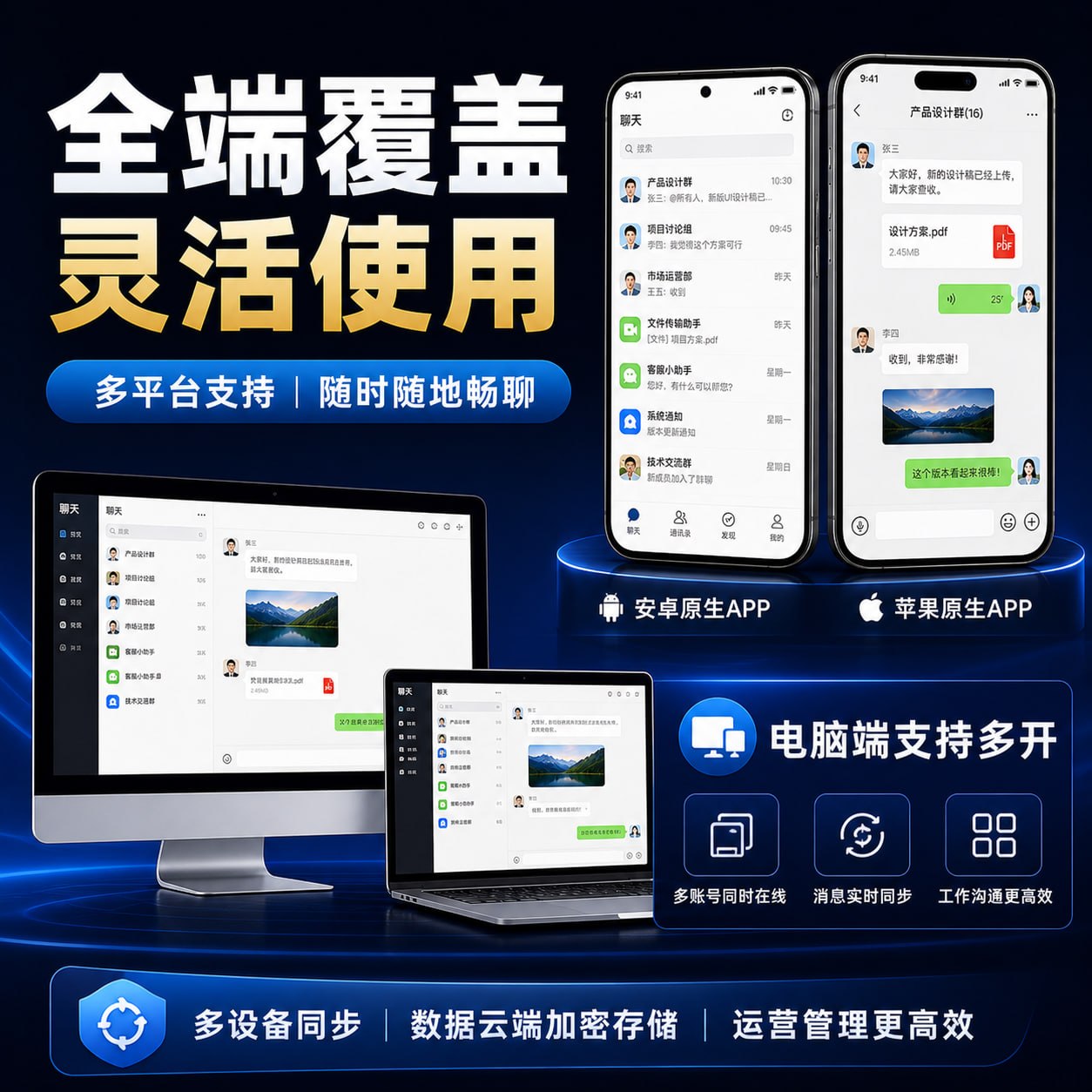 全端覆盖即时通讯系统源码：支持安卓/苹果原生APP与电脑端多开同步